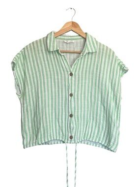 beachlunchlounge Light Green and White Striped Button-Front Short Sleeve Top